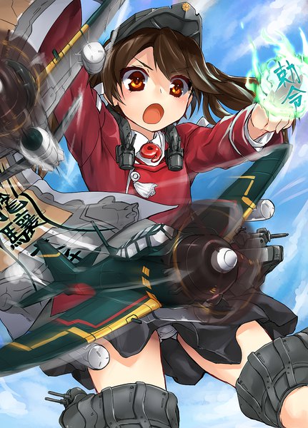 Anime picture 926x1288 with kantai collection ryuujou light aircraft carrier tadano magu single long hair tall image blush fringe open mouth light erotic hair between eyes brown hair twintails brown eyes looking away sky cloud (clouds) pleated skirt arm up pantyshot