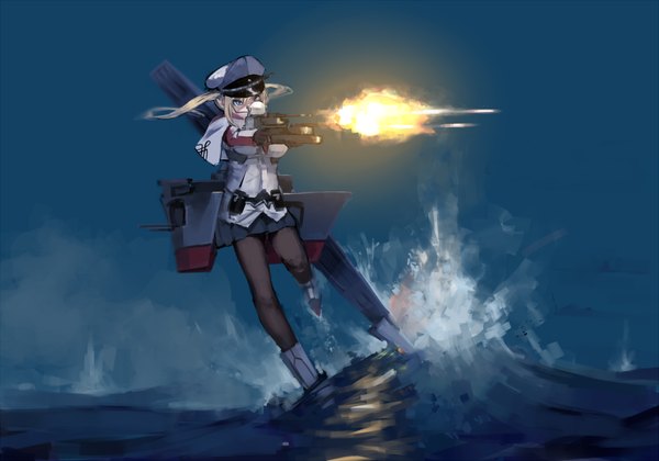Anime picture 1000x700 with kantai collection graf zeppelin (kantai collection) fujibejifu (simatoshi) single long hair fringe blue eyes blonde hair hair between eyes standing twintails holding looking away sky bent knee (knees) outdoors pleated skirt floating hair standing on one leg firing