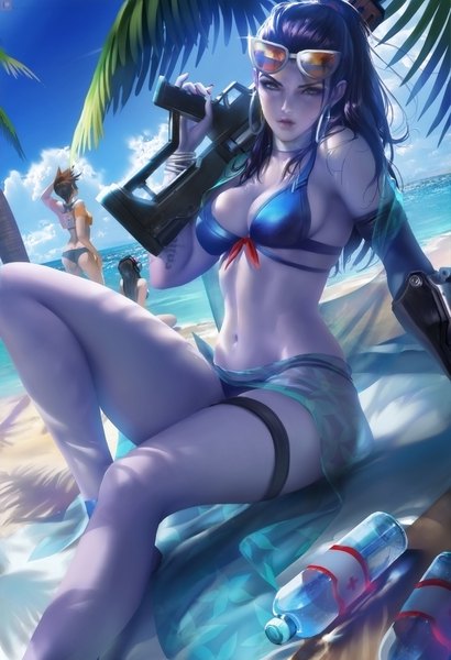 Anime picture 2737x4000 with overwatch blizzard entertainment d.va (overwatch) widowmaker (overwatch) tracer (overwatch) cote d'azur widowmaker sakimichan long hair tall image looking at viewer blush highres short hair breasts light erotic brown hair standing sitting bare shoulders multiple girls