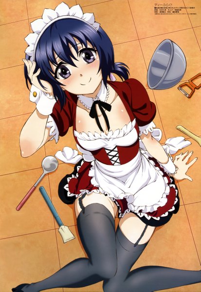 Anime picture 4082x5929 with d-frag! megami magazine brains base (studio) funabori single tall image looking at viewer blush highres short hair smile purple eyes blue hair absurdres official art maid girl thighhighs dress black thighhighs