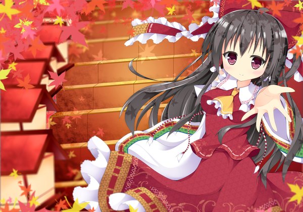 Anime picture 1529x1074 with touhou hakurei reimu maccha single long hair looking at viewer blush black hair purple eyes traditional clothes miko girl skirt detached sleeves leaf (leaves) skirt set