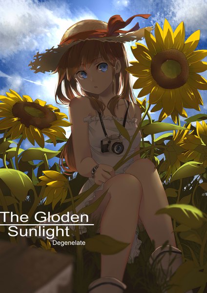 Anime picture 2480x3507 with original de da xianyu single long hair tall image highres blue eyes sitting bare shoulders looking away sky cloud (clouds) orange hair depth of field summer girl dress flower (flowers) plant (plants) hat