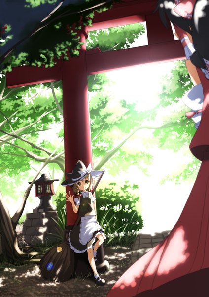 Anime picture 1131x1600 with touhou hakurei reimu kirisame marisa tagme (artist) tall image smile braid (braids) miko witch girl witch hat broom