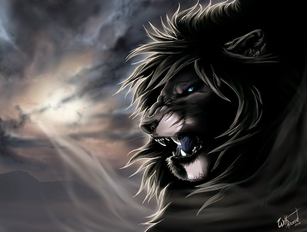 Anime picture 1469x1109 with original wolfroad (artist) highres blue eyes sky cloud (clouds) teeth fang (fangs) grin close-up lion