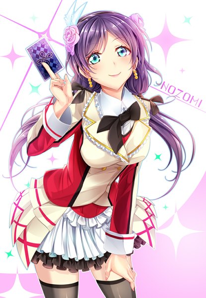 Anime picture 740x1070 with love live! school idol project sunrise (studio) love live! toujou nozomi haruka natsuki single long hair tall image looking at viewer blush blue eyes smile purple hair hair flower girl thighhighs dress hair ornament flower (flowers) black thighhighs