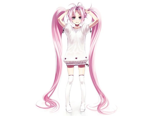 Anime picture 1024x768 with original shimotsuki eight long hair white background twintails green eyes pink hair flat chest thighhighs