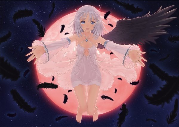 Anime picture 1817x1288 with shining (series) shining ark panis angelicus tony taka single looking at viewer highres short hair open mouth blue eyes light erotic white hair night official art spread arms red moon girl dress detached sleeves wings