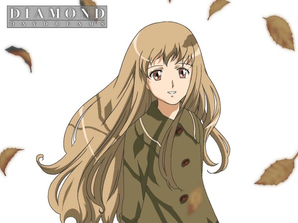 Anime picture 1024x768 with kita e ~diamond dust drops~ shiraishi karin single long hair simple background blonde hair smile white background brown eyes upper body from above wind wallpaper copyright name girl leaf (leaves) coat