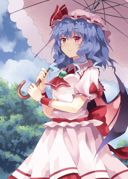 Anime picture 859x1200 with touhou remilia scarlet rasahan (artist) single tall image blush short hair smile red eyes looking away sky purple hair cloud (clouds) bat wings girl skirt plant (plants) wings tree (trees) umbrella