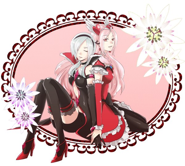 Anime picture 1500x1345 with red eyes multiple girls pink hair white hair eyes closed girl thighhighs 2 girls detached sleeves choker heart hairband