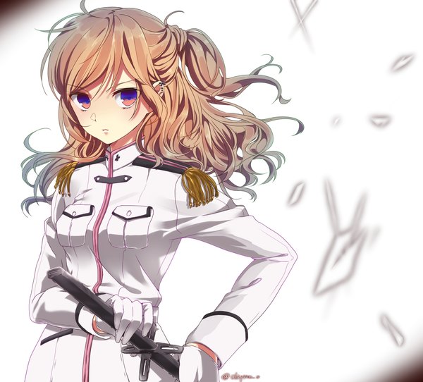 Anime picture 1183x1070 with original hi-ma single long hair looking at viewer fringe breasts simple background ahoge parted lips lips piercing serious multicolored eyes military unsheathing girl gloves uniform weapon