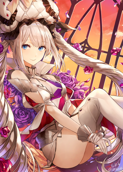 Anime picture 800x1115 with fate (series) fate/grand order marie antoinette (fate/grand order) kim eb single tall image looking at viewer fringe blue eyes light erotic smile sitting twintails signed payot silver hair ass very long hair sparkle twitter username