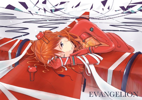 Anime picture 1440x1018 with neon genesis evangelion rebuild of evangelion evangelion: 2.0 you can (not) advance gainax soryu asuka langley zk0 single long hair one eye closed wink orange hair girl chain bandage (bandages) cross pilot suit