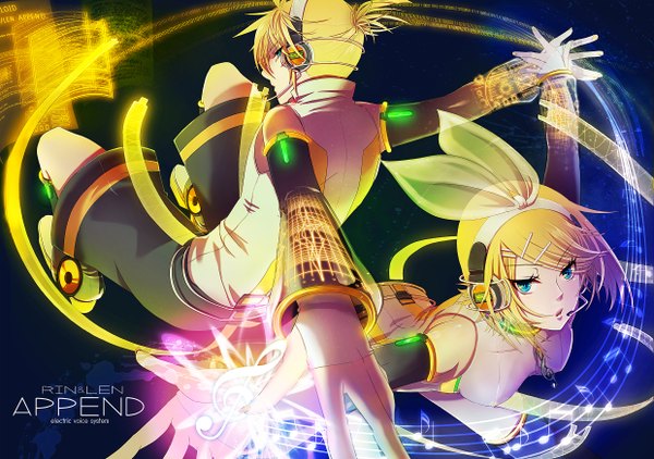 Anime picture 2480x1748 with vocaloid vocaloid append kagamine rin kagamine len kagamine rin (append) kagamine len (append) makoto shibaya highres short hair blue eyes blonde hair twins family girl boy hair ornament detached sleeves shorts hairclip headphones