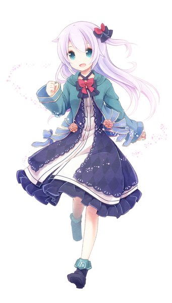 Anime picture 500x878 with original yonema single long hair tall image blush fringe open mouth blue eyes simple background white background purple hair side ponytail standing on one leg shiny running girl dress bow ribbon (ribbons)