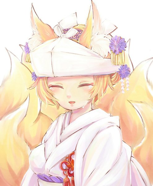 Anime picture 1008x1224 with touhou yakumo ran ibaraki natou single tall image blush short hair open mouth simple background blonde hair white background animal ears tail eyes closed traditional clothes japanese clothes animal tail alternate costume fox ears tears