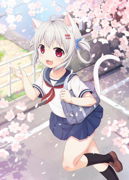Anime picture 771x1078 with original sakuraba hikaru (loveindog) single tall image looking at viewer fringe short hair open mouth red eyes standing twintails animal ears silver hair ahoge outdoors tail :d animal tail pleated skirt arm up