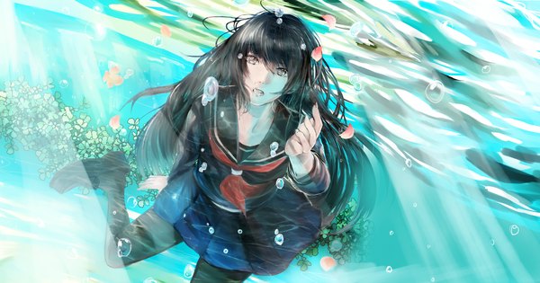 Anime picture 4000x2100 with original tono (artist) single long hair looking at viewer highres open mouth black hair wide image absurdres black eyes sunlight outstretched arm underwater girl uniform ribbon (ribbons) plant (plants) pantyhose water