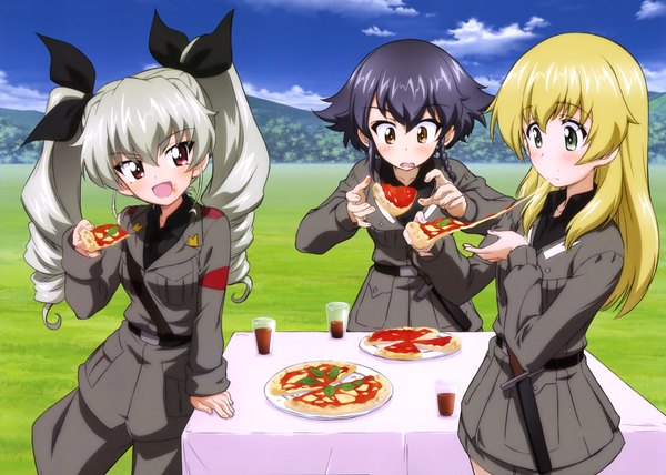Anime picture 4052x2895 with girls und panzer anchovy (girls und panzer) carpaccio (girls und panzer) pepperoni (girls und panzer) long hair blush highres short hair open mouth blue eyes black hair blonde hair red eyes twintails multiple girls brown eyes absurdres grey hair scan official art