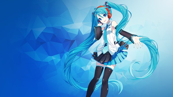 Anime picture 3840x2160 with vocaloid hatsune miku hatsune miku (vocaloid3) assassinwarrior ixima single looking at viewer fringe highres blue eyes simple background smile hair between eyes wide image twintails bare shoulders absurdres very long hair head tilt pleated skirt
