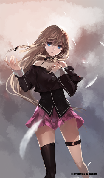 Anime picture 826x1417 with vocaloid ia (vocaloid) swd3e2 single long hair tall image looking at viewer blue eyes blonde hair sky cloud (clouds) braid (braids) wind inscription depth of field twin braids girl thighhighs skirt miniskirt