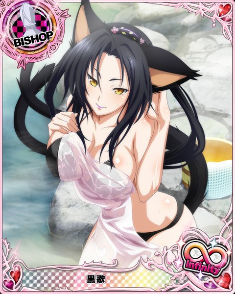 Anime picture 640x800 with highschool dxd kuroka (high school dxd) single long hair tall image looking at viewer breasts light erotic black hair large breasts animal ears yellow eyes tail animal tail cat ears cat girl cat tail card (medium) girl swimsuit