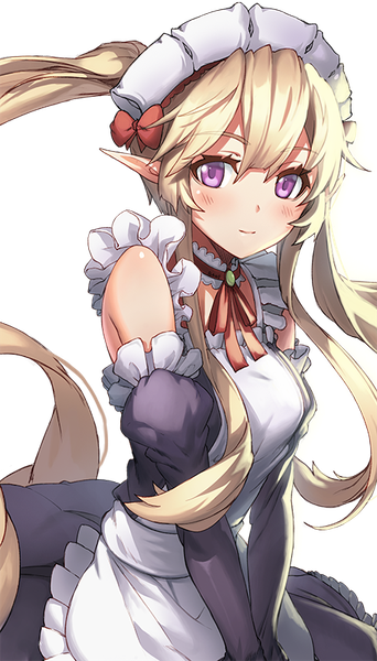 Anime picture 457x800 with outbreak company feel (studio) myucel foalan [saw] single long hair tall image looking at viewer blush blonde hair purple eyes twintails light smile pointy ears maid transparent background girl uniform