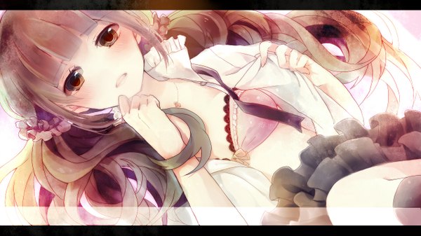 Anime picture 1280x720 with vocaloid hatsune miku kirakira0926k single blush open mouth brown hair wide image twintails brown eyes lying open clothes girl skirt socks black socks