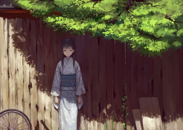 Anime picture 1405x1000 with original suzuno (bookshelf) single long hair looking at viewer red eyes brown hair traditional clothes japanese clothes shadow girl plant (plants) tree (trees) kimono obi fence wheel