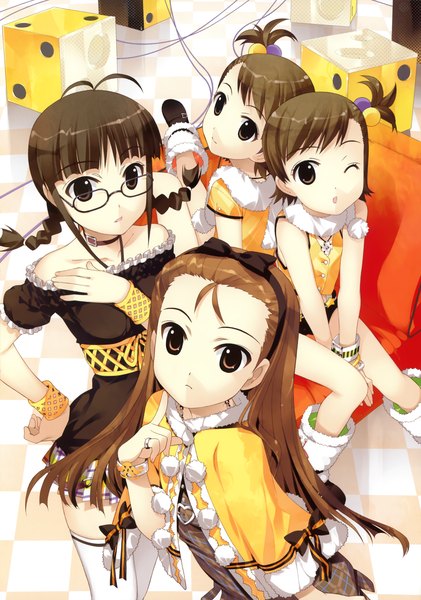 Anime picture 2459x3500 with idolmaster minase iori akizuki ritsuko futami mami futami ami fujima takuya long hair tall image highres short hair black hair brown hair sitting multiple girls brown eyes braid (braids) one eye closed wink twin braids girl