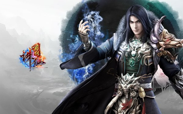 Anime picture 1440x900 with zhu xian velonus (jade dynasty) long hair black hair wide image lips black eyes realistic inscription teeth magic hieroglyph sharp teeth boy armor fur cloak skull dragon