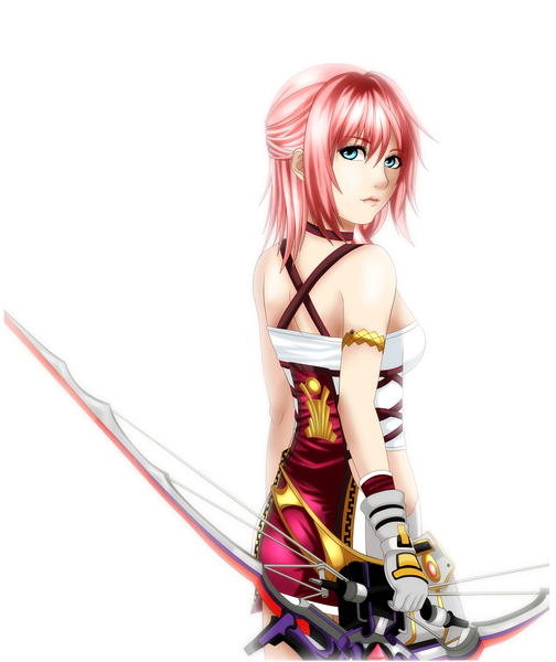Anime picture 3425x4078 with final fantasy final fantasy xiii final fantasy xiii-2 square enix serah farron kleenesoph single tall image highres short hair blue eyes white background pink hair absurdres looking back lips girl gloves bow (weapon)