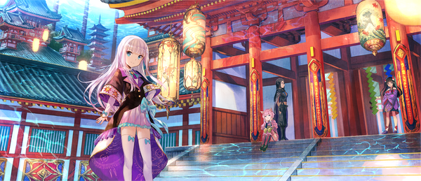 Anime picture 1836x793 with kenja no deshi wo nanoru kenja mira (kenja) fuzichoco long hair looking at viewer fringe highres short hair blue eyes smile hair between eyes wide image standing sitting twintails purple eyes multiple girls animal ears pink hair full body