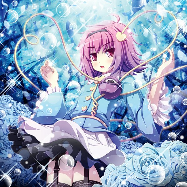 Anime picture 1100x1100 with touhou komeiji satori akashio (loli ace) single short hair open mouth red eyes pink hair girl flower (flowers) hairband rose (roses) bubble (bubbles) blue rose