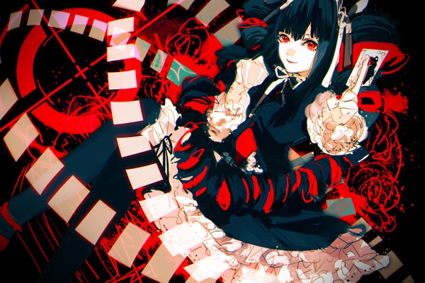 Anime picture 1260x841 with dangan ronpa celestia ludenberg tian (my dear) single looking at viewer fringe black hair smile red eyes sitting twintails nail polish drill hair gothic girl thighhighs black thighhighs headdress maid headdress card (cards)