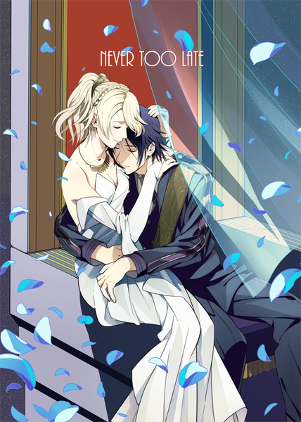 Anime picture 600x841 with final fantasy final fantasy xv square enix noctis lucis caelum lunafreya nox fleuret oba-min tall image fringe short hair breasts black hair blonde hair smile sitting ponytail braid (braids) eyes closed alternate costume couple hug