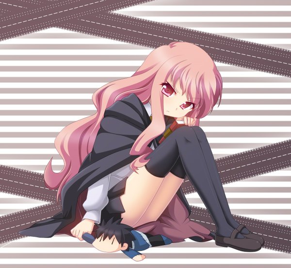 Anime picture 1316x1217 with zero no tsukaima j.c. staff louise francoise le blanc de la valliere hiraga saito uissu single long hair looking at viewer sitting pink hair pink eyes girl thighhighs skirt black thighhighs shirt doll (dolls)