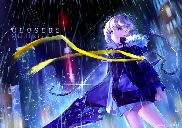 Anime picture 1500x1060 with closers mistilteinn (closers) genjin single fringe short hair blue eyes standing silver hair night open clothes open jacket wet night sky city rain cityscape city lights girl ribbon (ribbons)