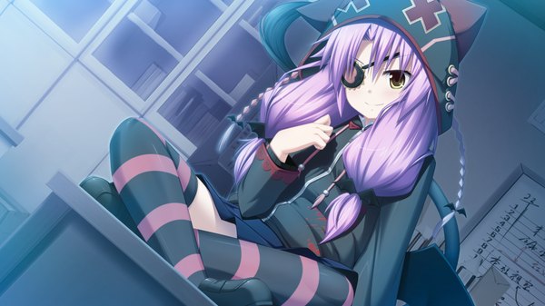 Anime picture 1024x576 with soukoku no arterial single long hair smile wide image sitting yellow eyes game cg purple hair girl thighhighs hood eyepatch striped thighhighs