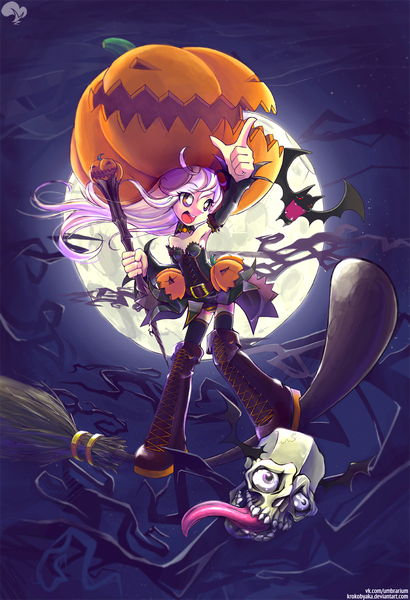 Anime picture 821x1200 with krokobyaka single long hair tall image light erotic purple eyes signed looking away purple hair ahoge night halloween lacing witch pointing laughing broom riding long tongue girl thighhighs