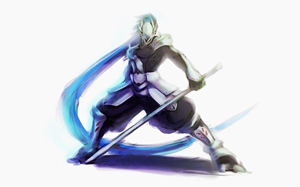 Anime picture 1920x1202 with blazblue jin kisaragi hakumen long hair highres simple background wide image white background blue hair ponytail boy weapon sword armor