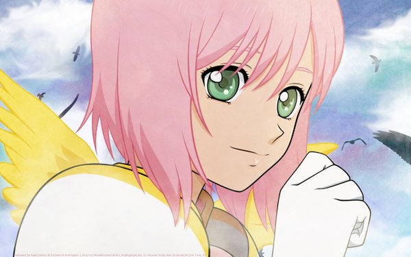 Anime picture 2560x1600 with tales of (series) tales of vesperia estellise sidos heurassein highres wide image pink hair close-up wings