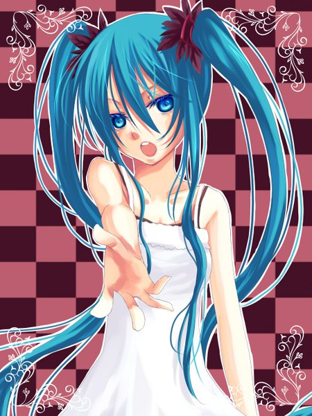 Anime picture 1000x1332 with vocaloid world is mine (vocaloid) hatsune miku you zasshoku single long hair tall image open mouth blue eyes twintails blue hair checkered background girl sundress