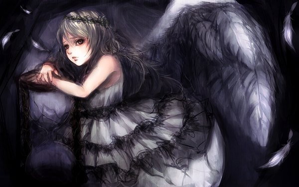 Anime picture 1212x758 with original sasaki ryou single long hair wide image brown eyes looking away silver hair lips sad girl dress wings feather (feathers)