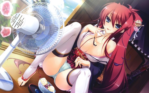Anime picture 9740x6115 with appare! tenka gomen tokugawa yoshine katagiri hinata long hair highres breasts light erotic red eyes large breasts sitting absurdres ponytail red hair traditional clothes finger to mouth eating :p girl thighhighs hair ornament
