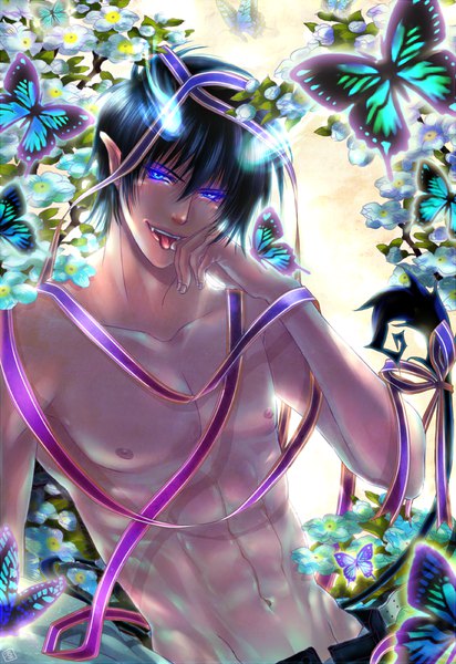 Anime picture 824x1200 with ao no exorcist a-1 pictures okumura rin rin-shiba single tall image looking at viewer fringe short hair blue eyes light erotic black hair hair between eyes bare shoulders upper body tail head tilt nude pointy ears bare belly