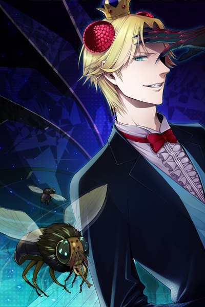 Anime picture 1000x1500 with yondemasu yo, azazel-san production i.g beelzebub (yondemasu yo, azazel-san) chimachi single tall image looking at viewer short hair blue eyes blonde hair smile demon boy insect suit crown