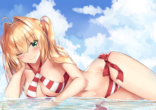Anime picture 1300x919 with fate (series) fate/grand order nero claudius (fate) (all) nero claudius (swimsuit caster) (fate) rong yi tan single long hair looking at viewer blush fringe breasts light erotic blonde hair smile hair between eyes large breasts twintails green eyes sky cloud (clouds)