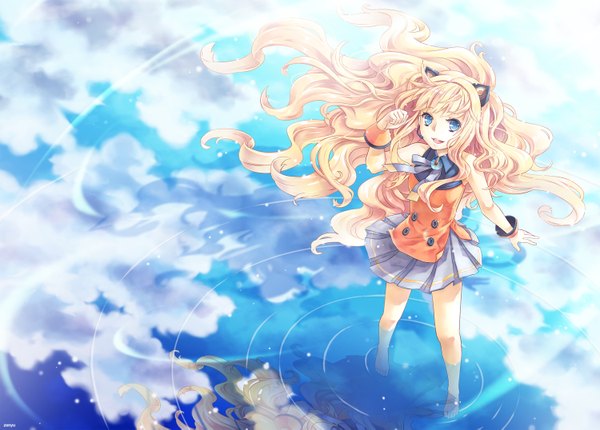 Anime picture 1500x1075 with vocaloid seeu zenyu single long hair blue eyes blonde hair animal ears cloud (clouds) barefoot sleeveless reflection girl water bracelet