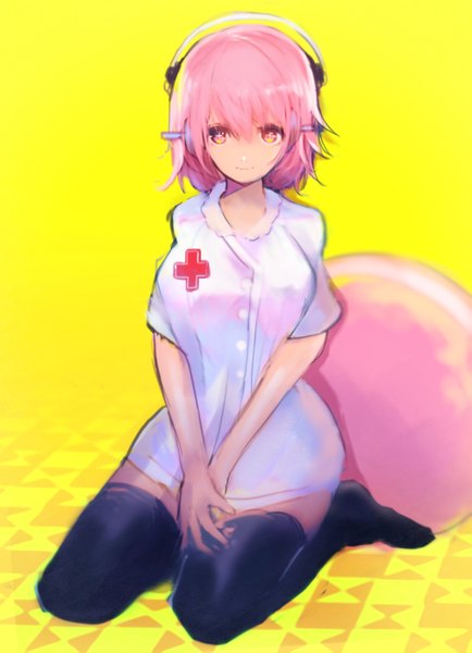 Anime picture 2000x2760 with original tarbo (exxxpiation) single tall image fringe highres short hair simple background smile hair between eyes pink hair full body pink eyes no shoes zettai ryouiki yellow background nurse seiza girl thighhighs